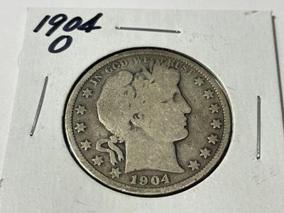 1904-O CIRCULATED CONDITION BARBER SILVER HALF DOLLAR AS PICTURED.