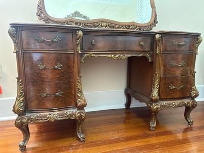 French Style Carved Wood Vanity and Mirror