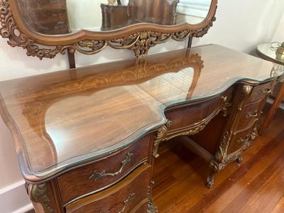 French Style Carved Wood Vanity and Mirror