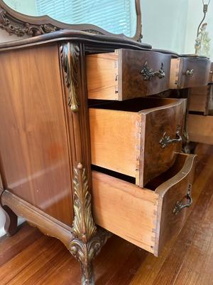 French Style Carved Wood Vanity and Mirror