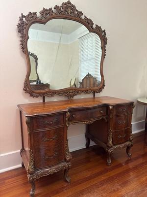 French Style Carved Wood Vanity and Mirror