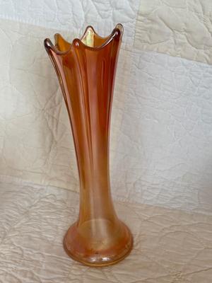 Marigold carnival glass swung vase