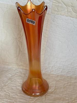 Marigold carnival glass swung vase