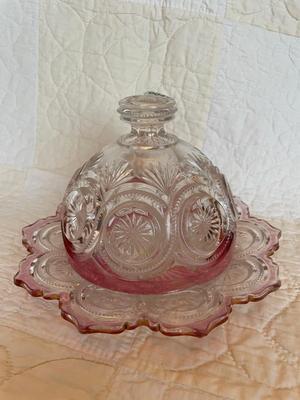 EAPG cranberry flashed star n bull’s eye butter dish