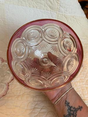 EAPG cranberry flashed star n bull’s eye butter dish