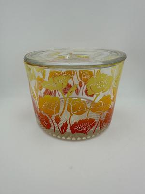 Vintage Glass Flowered Ice Bucket, Shades of Orange and Yellow, Heavy Glass, Barware, Decorative Ice Bowl. (See Details)