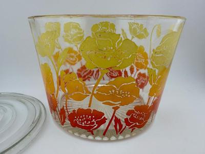 Vintage Glass Flowered Ice Bucket, Shades of Orange and Yellow, Heavy Glass, Barware, Decorative Ice Bowl. (See Details)