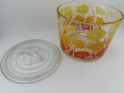 Vintage Glass Flowered Ice Bucket, Shades of Orange and Yellow, Heavy Glass, Barware, Decorative Ice Bowl. (See Details)