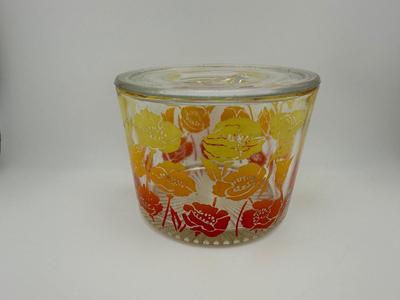 Vintage Glass Flowered Ice Bucket, Shades of Orange and Yellow, Heavy Glass, Barware, Decorative Ice Bowl. (See Details)