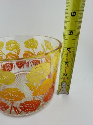Vintage Glass Flowered Ice Bucket, Shades of Orange and Yellow, Heavy Glass, Barware, Decorative Ice Bowl. (See Details)