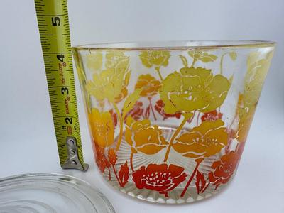 Vintage Glass Flowered Ice Bucket, Shades of Orange and Yellow, Heavy Glass, Barware, Decorative Ice Bowl. (See Details)