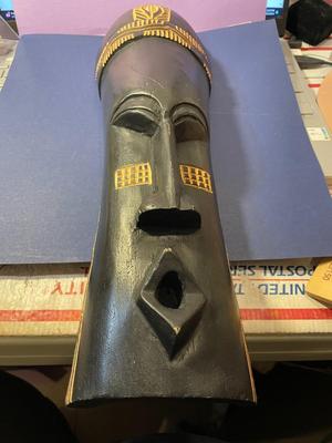Vintage African Tribal Wooden Mask Wall Hanger Hand Carved 16" Long Made in Ghana as Pictured.