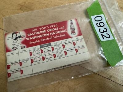 1956 MR. BOH’S Baltimore Oriole & Washington National Complete Baseball Schedule