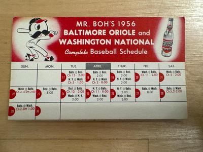 1956 MR. BOH’S Baltimore Oriole & Washington National Complete Baseball Schedule
