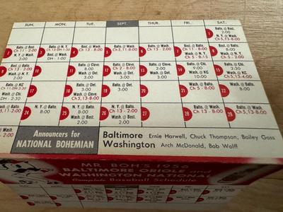 1956 MR. BOH’S Baltimore Oriole & Washington National Complete Baseball Schedule