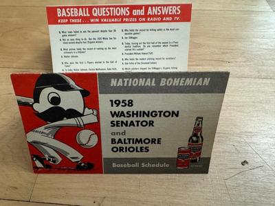 1958 National Bohemian Washington Senator & Baltimore Orioles Baseball Schedule