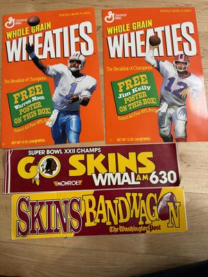 1988 Redskins Bumper Stickers & 1993 Wheaties Posters - Warren Moon / Jim Kelly