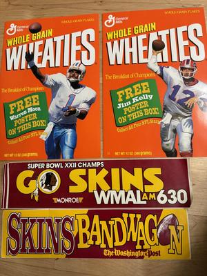 1988 Redskins Bumper Stickers & 1993 Wheaties Posters - Warren Moon / Jim Kelly