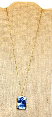 Vintage "Delft-Style" Blue & White PENDANT (1¼" x 1") on a Gold Tone Necklace Chain 22" L