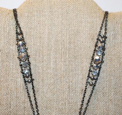 Diamond Shape Clear Acrylic PENDANT (3" x 2") on Black Designed Clear Stones Perimeter-NOTE the Unique UPPER CHAIN ACCENTS...