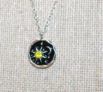 Sun & Moon Black Background PENDANT (¾" Diameter) on a Silver Tone Necklace Chain 18" L