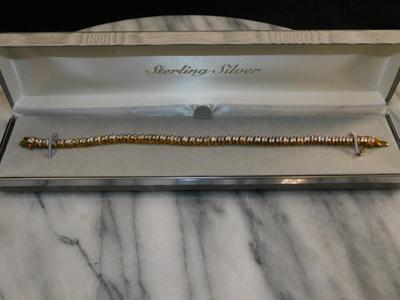 Gold-Tone 925 Sterling Tennis Bracelet w/ Quartz Settings 7”, 11.8g