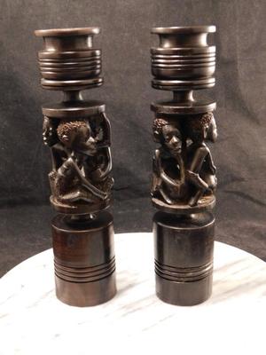 Hand Turned & Carved Wooden Candlesticks, Africa 9.75” Tall