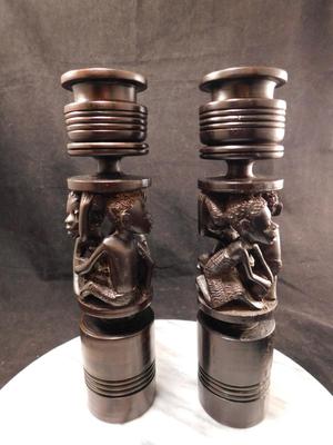 Hand Turned & Carved Wooden Candlesticks, Africa 9.75” Tall