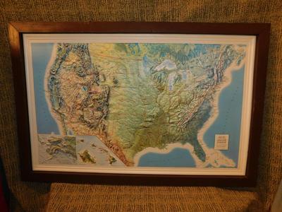 Framed Raised Relief Base United States Map 37.5”x24.5”