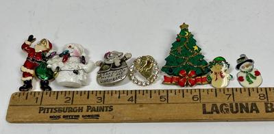 Christmas Vintage Jewelry Pin lot - Snowmen, Angel, Christmas Tree, TC mark on snowman