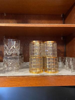 FOUR SMALL JUICE GLASSES, GOLD TONED GLASSES