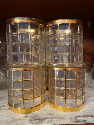 FOUR SMALL JUICE GLASSES, GOLD TONED GLASSES