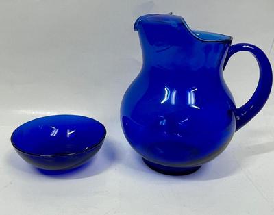 Cobalt blue blue glass pitcher & bowl