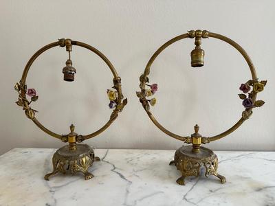 Vintage Gold Gilt French Brass Circle Porcelain Flowers Lamps (See Details)