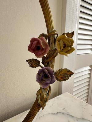 Vintage Gold Gilt French Brass Circle Porcelain Flowers Lamps (See Details)