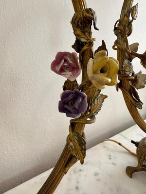 Vintage Gold Gilt French Brass Circle Porcelain Flowers Lamps (See Details)