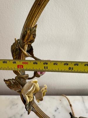 Vintage Gold Gilt French Brass Circle Porcelain Flowers Lamps (See Details)