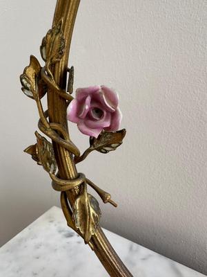 Vintage Gold Gilt French Brass Circle Porcelain Flowers Lamps (See Details)