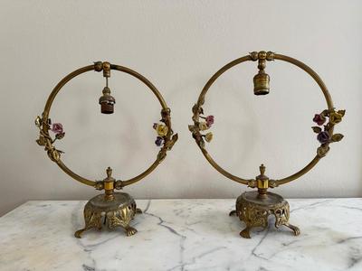 Vintage Gold Gilt French Brass Circle Porcelain Flowers Lamps (See Details)