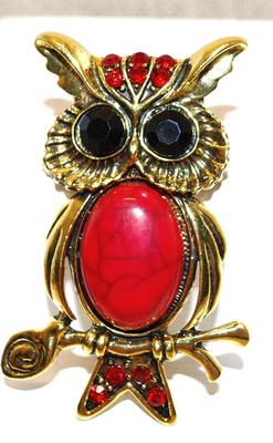 Beautiful Red & Black Owl PIN 3" x 2" with Gold Tone Accents