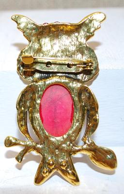 Beautiful Red & Black Owl PIN 3" x 2" with Gold Tone Accents