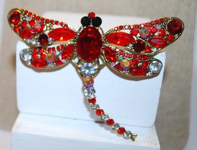 Large Red Dragonfly BROOCH (3½" x 2½") with an Oval Red Center Stone on a Gold Tone Setting