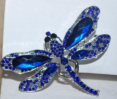 Black Eyed Blue Stones Dragonfly BROOCH (2½" x 2") on a Silver Tone Setting
