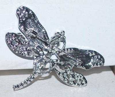 Black Eyed Blue Stones Dragonfly BROOCH (2½" x 2") on a Silver Tone Setting