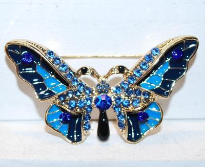 Light & Dark Blue Stones Butterfly BROOCH (2" x 1 ¼") on a Gold Tone Setting
