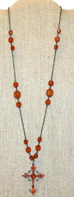 Beautiful 32 Orange Stones Cross PENDANT (2" x 1 ½") on an Orange/Amber Baubles Necklace Chain 24" L