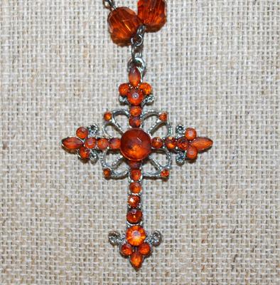 Beautiful 32 Orange Stones Cross PENDANT (2" x 1 ½") on an Orange/Amber Baubles Necklace Chain 24" L