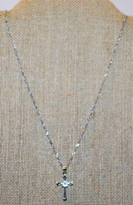 Small Silver Tone Celtic Cross PENDANT (1" x ½") with Round Solitaire Clear Stone on a .925 Silver Necklace Chain 16" L
