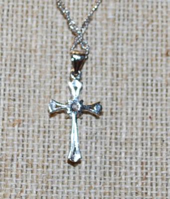 Small Silver Tone Celtic Cross PENDANT (1" x ½") with Round Solitaire Clear Stone on a .925 Silver Necklace Chain 16" L