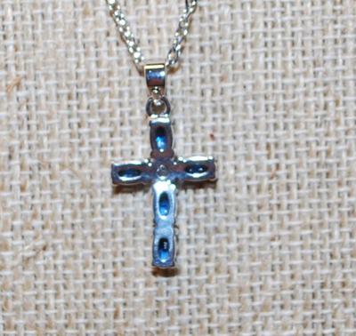 Small Deep Blue Stones Cross PENDANT (1" x ½") with Clear Center Stone on a Silver Tone Necklace Chain 18" L